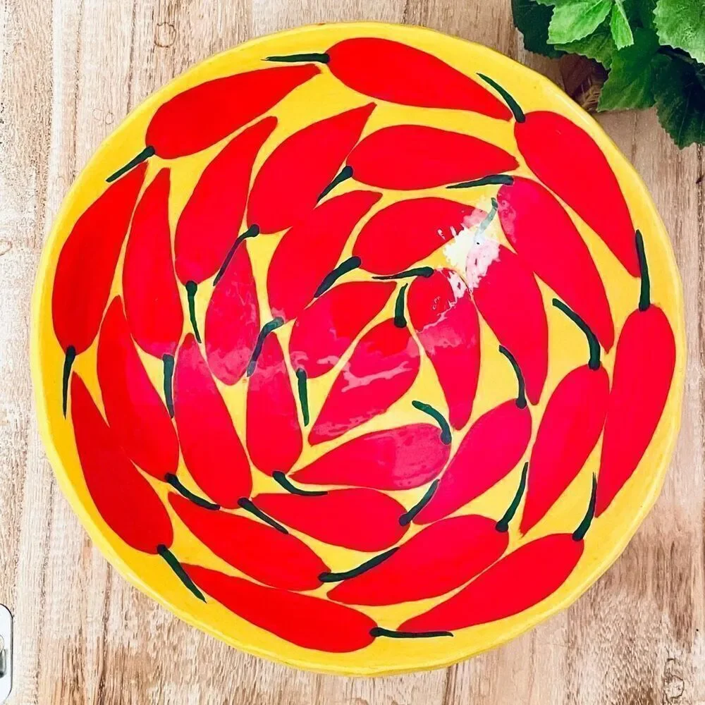 NWT Mexican Pottery Art 9.5” Hand Painted Footed Yellow Chili Pepper Salsa Bowl